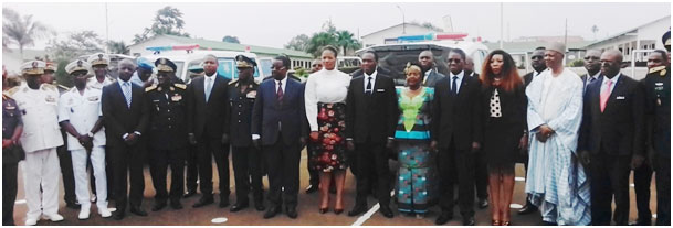 Ministers Beti Assomo, Mama Fouda, Minette Libom, Ambassador Zanele Makina, Secs of State, CEO MTN Cameroon, other officials pose in front of ambulances