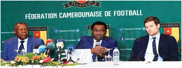 FIFA’s Veron Mosengo and Luc Nicola with FECAFOOT Normalization President, Me Dieudonne Happi