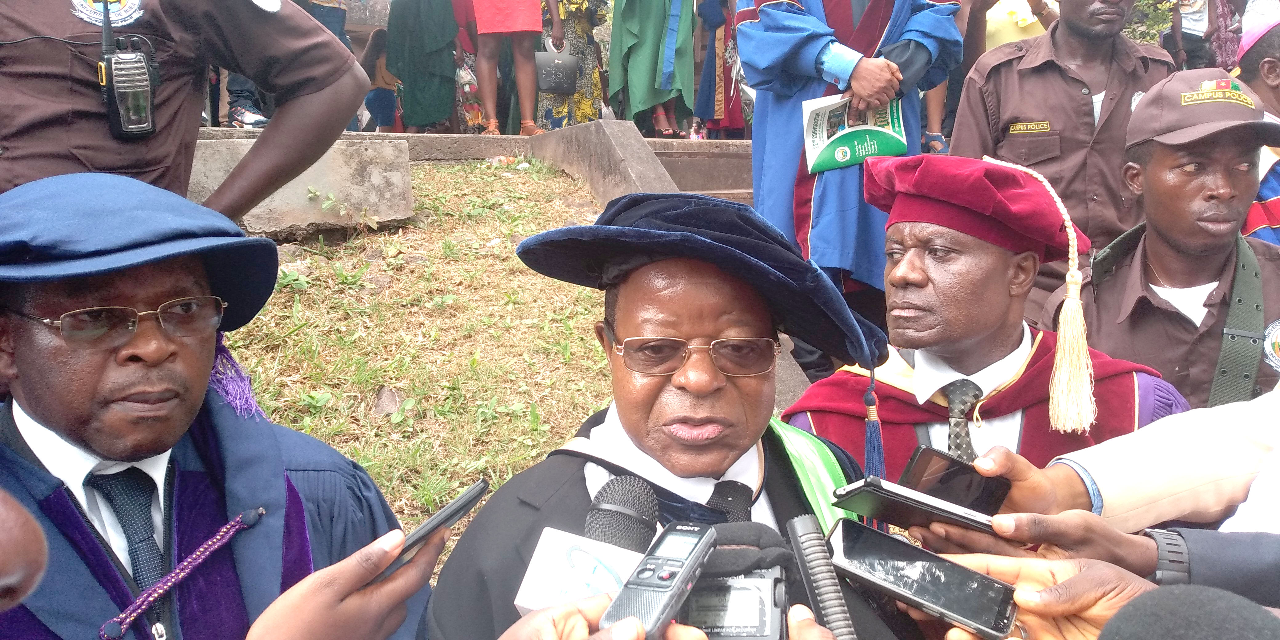 Prof. Edward Ako Oben, UB Pro-Chancellor flanked by VC Prof. Horace Ngomo Manga (left) and Registrar, Prof. Roland Ndip