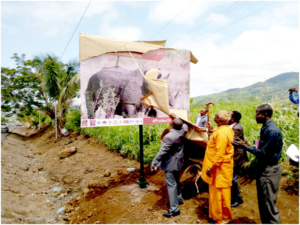 First Assistant SDO for Fako, Bejedi Otto II unveiling one of the Billboards along mile 3 in Limbe
