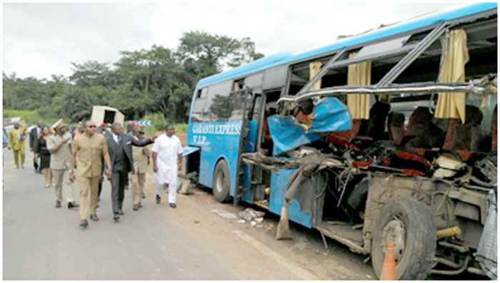Transport Minister, Ngalle Bibehe on the site of the accident