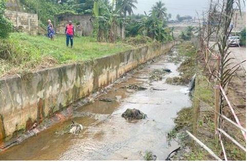 A flooded drainage canal in Douala, illustrating the chronic waterlogging the PVGFD project aims to address.